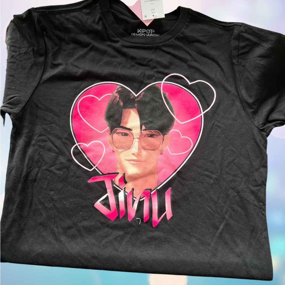 K Pop Demon Hunters Jinu Black Graphic T-Shirt with Pink Heart Design
